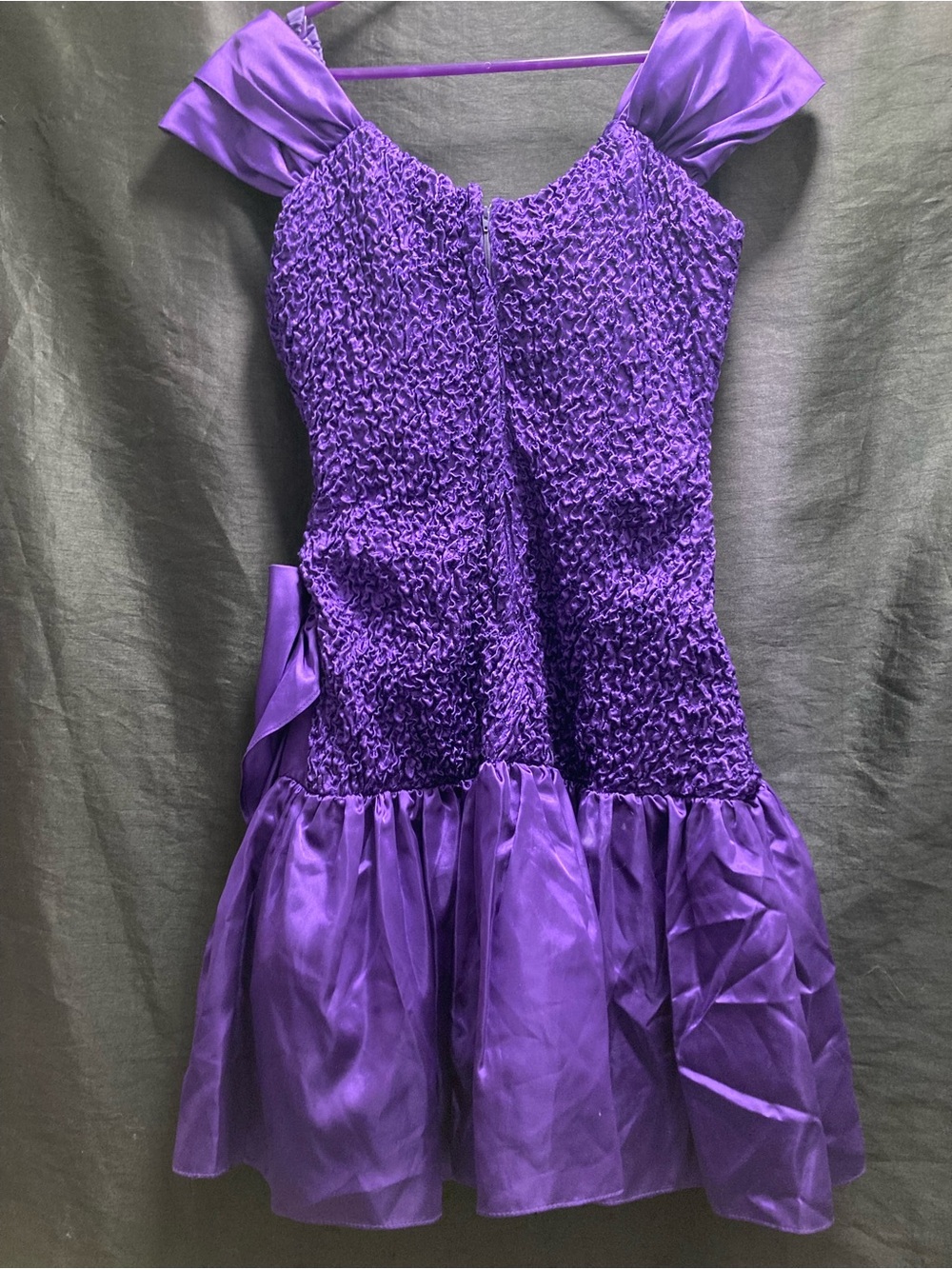 Purple Smocked Prom Dress with Ruffled Hem